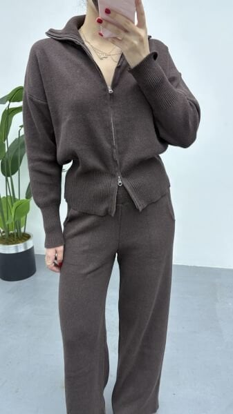 Çift Fermuarlı Triko Takım - Kahverengi